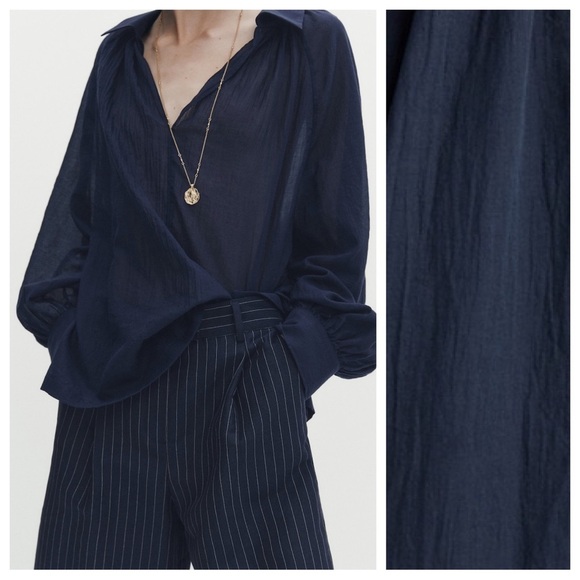 NWT. Massimo Dutti Navy Blue Cotton Voile Blouse with Gathered Details. Size S. - Picture 2 of 11